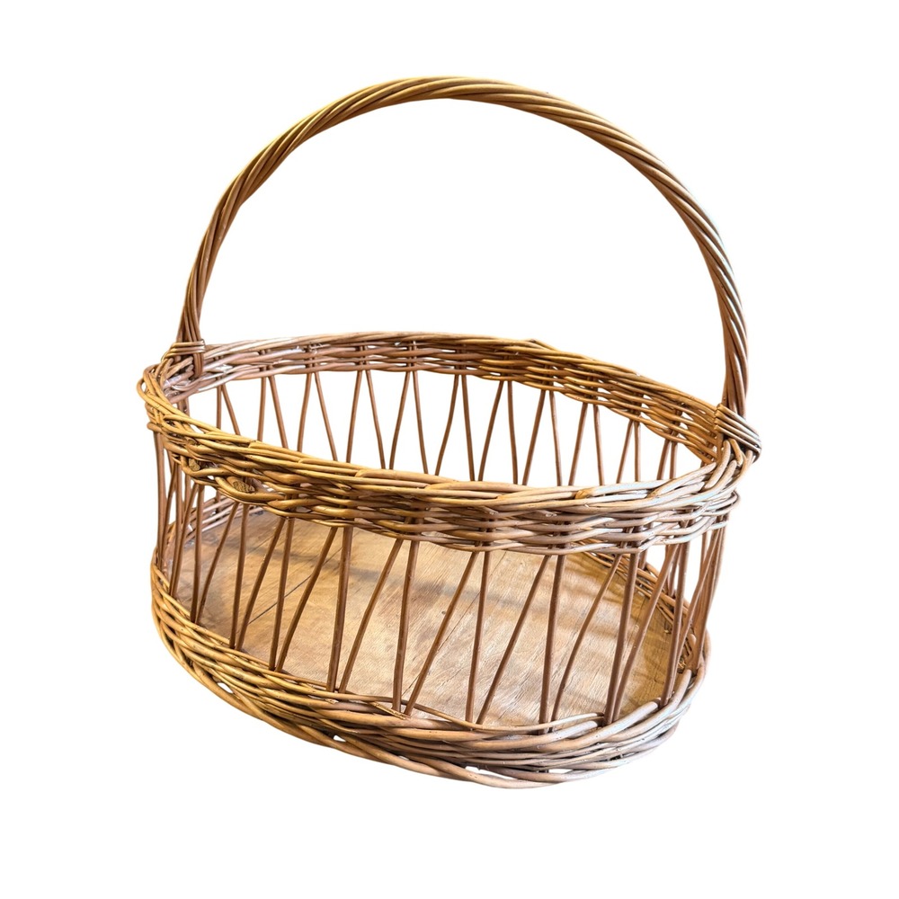 Vintage Willow Garden Trug Basket 18" Open Weave Wood Base Farmhouse Foraging